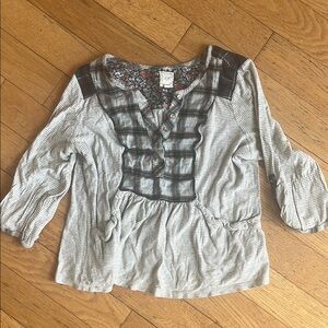 Anthropologie One Sept mixed media Gray and Brown Long Sleeve Top tee M